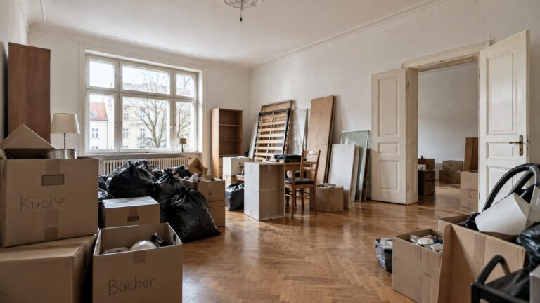 Wohnung mit gepackten Kartons bei einer Haushaltsauflösung